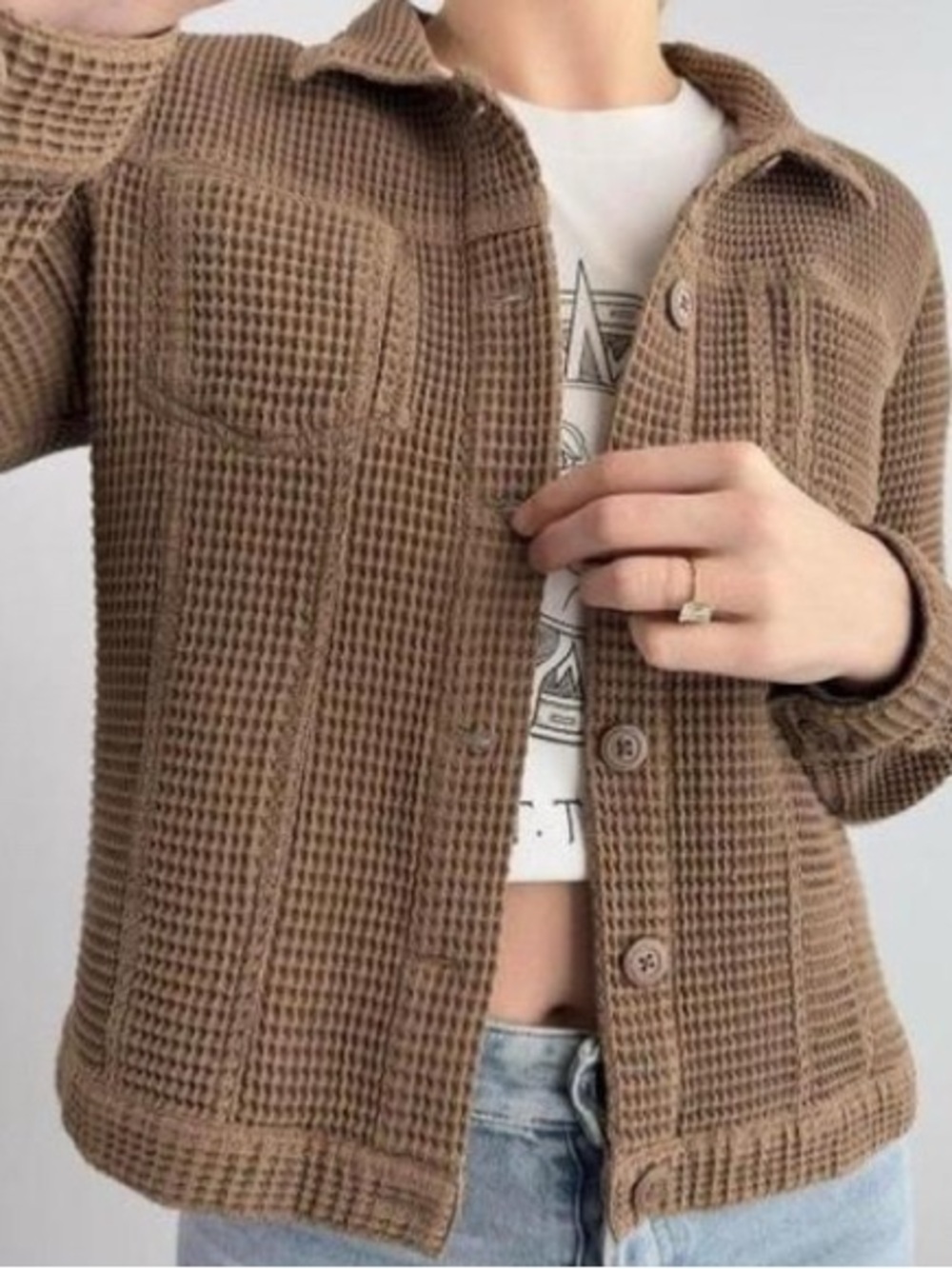 Waffle Knit Button-Up Jacket in Taupe